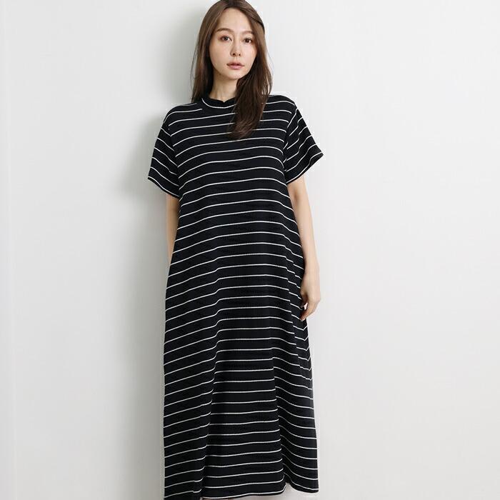 送料無料 ワンピース Tワンピ MARTHA マーサ Tシャツ 半袖 綿 コットン ハイネック ボーダー 大きいサイズ ロング ゆったり 体型カバー L ブラック ss 16980 |  | 02