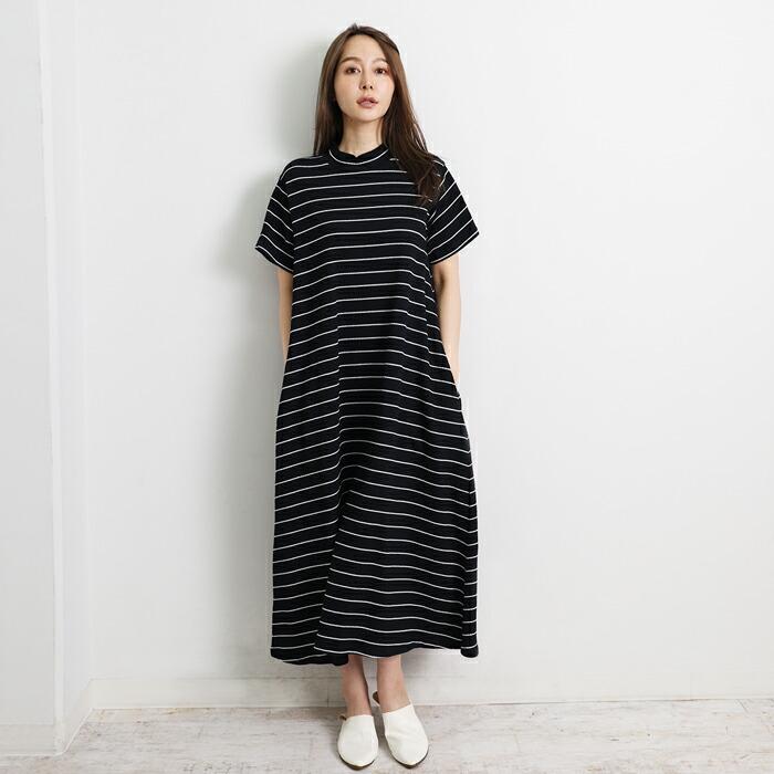 送料無料 ワンピース Tワンピ MARTHA マーサ Tシャツ 半袖 綿 コットン ハイネック ボーダー 大きいサイズ ロング ゆったり 体型カバー L ブラック ss 16980 |  | 03