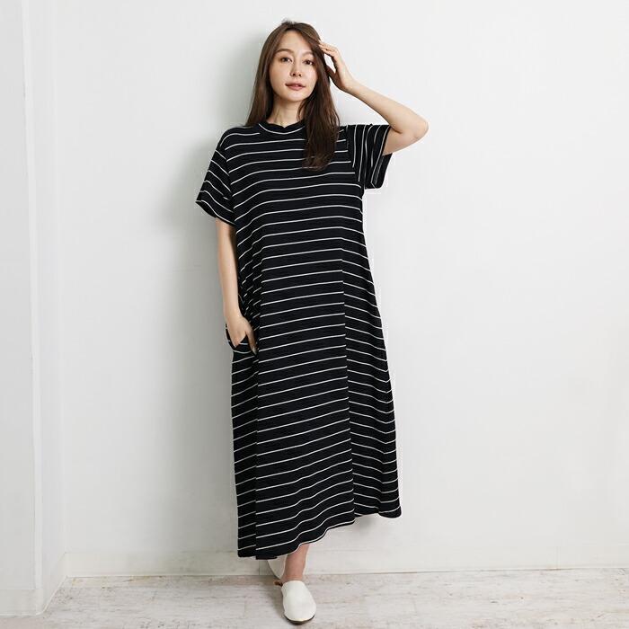 送料無料 ワンピース Tワンピ MARTHA マーサ Tシャツ 半袖 綿 コットン ハイネック ボーダー 大きいサイズ ロング ゆったり 体型カバー L ブラック ss 16980 |  | 04