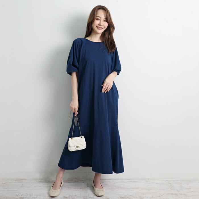 送料無料 ワンピース ワンピ MARTHA マーサ マーメイド 半袖 綿 コットン デニムジャージー きれいめ 大きいサイズ ロング ゆったり 体型カバー L ブルー 16983 |  | 03