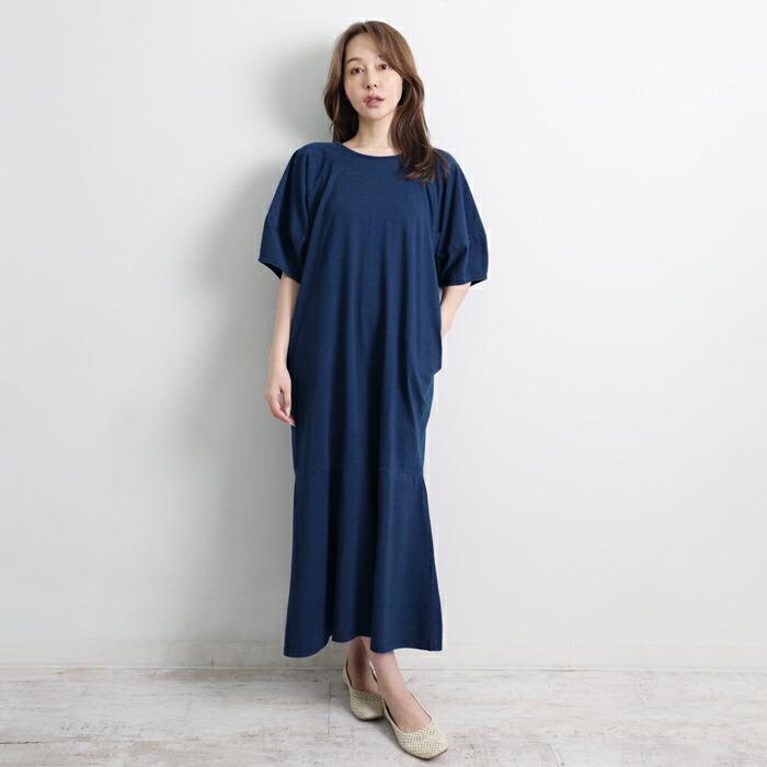 送料無料 ワンピース ワンピ MARTHA マーサ マーメイド 半袖 綿 コットン デニムジャージー きれいめ 大きいサイズ ロング ゆったり 体型カバー L ブルー 16983 |  | 04