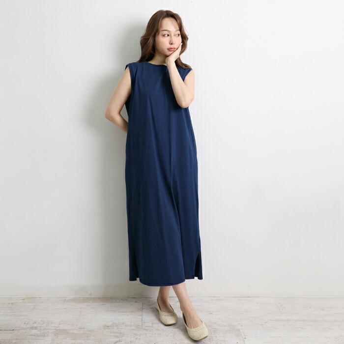 送料無料 ワンピース ワンピ ノースリーブ MARTHA マーサ ロング 綿 コットン デニムジャージー 大きいサイズ ロング ゆったり 体型カバー L ブルー 16984 |  | 03