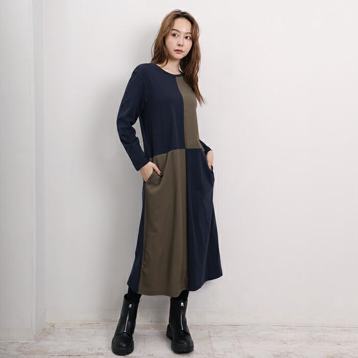ワンピース ロンT 長袖 MARTHA マーサ 綿 コットン 配色 カラーブロック きれいめ 大きいサイズ ロング ワンマイル L ネイビー カーキ aw 16996 |  | 04