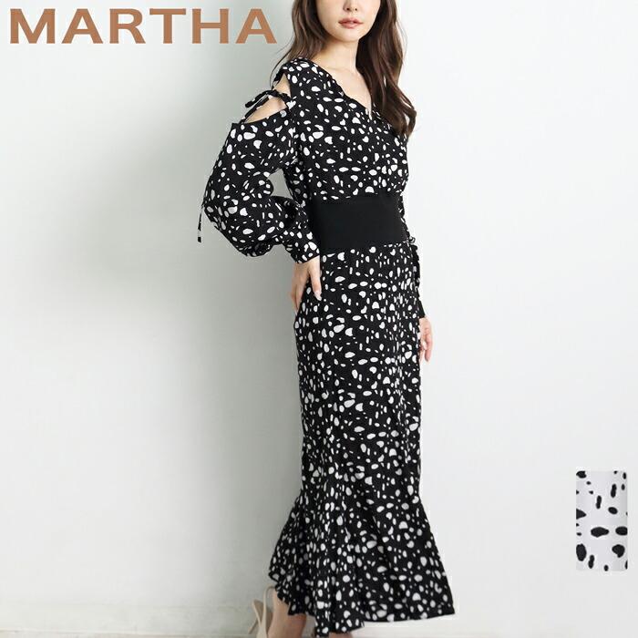 ワンピース ドット ロング MARTHA マーサ ダルメ きれいめ 大きいサイズ 体型カバー 長袖 ミモレ丈 大人 上品 パーティー ブラック ホワイト aw 26332 | 