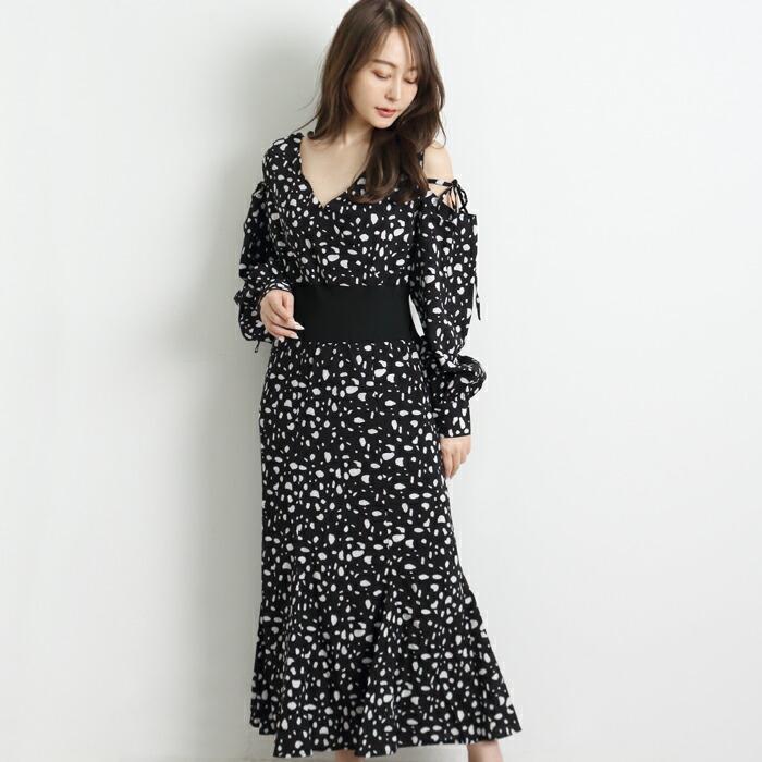 ワンピース ドット ロング MARTHA マーサ ダルメ きれいめ 大きいサイズ 体型カバー 長袖 ミモレ丈 大人 上品 パーティー ブラック ホワイト aw 26332 |  | 01