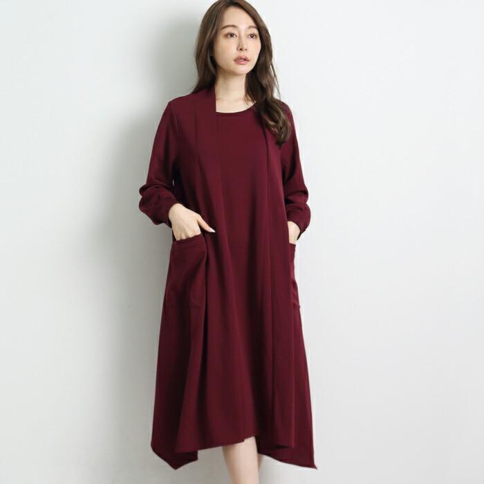 ワンピース 重ね着 ロング レイヤード きれいめ 体型カバー 長袖 ミモレ丈 大人 上品 パーティー ブラック ボルドー aw 26338 |  | 02