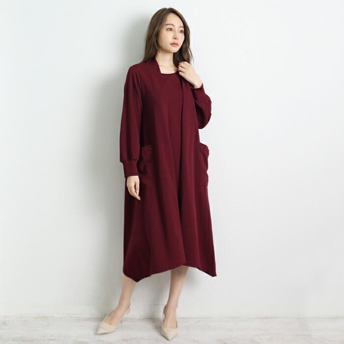ワンピース 重ね着 ロング レイヤード きれいめ 体型カバー 長袖 ミモレ丈 大人 上品 パーティー ブラック ボルドー aw 26338 |  | 03