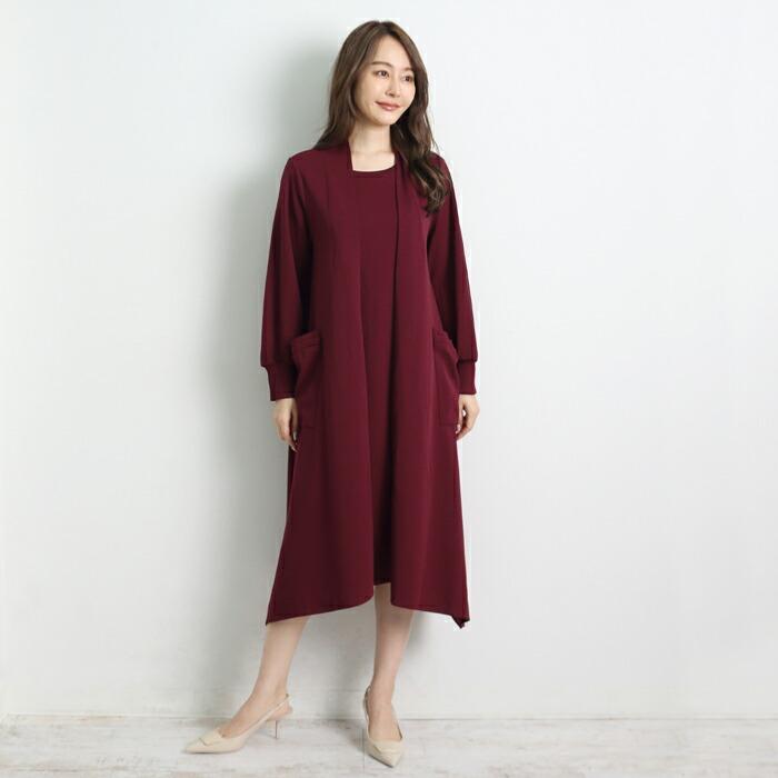 ワンピース 重ね着 ロング レイヤード きれいめ 体型カバー 長袖 ミモレ丈 大人 上品 パーティー ブラック ボルドー aw 26338 |  | 04