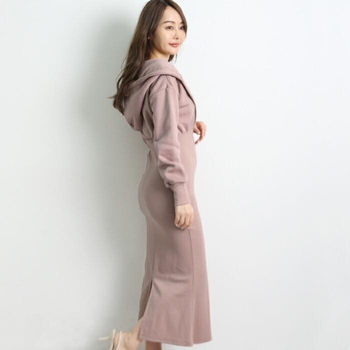 ワンピース 裏起毛 ロング MARTHA マーサ パーカー フード付き きれいめ タイト 長袖 ミモレ丈 大人 上品 ブラック ピンク aw 26355 |  | 02