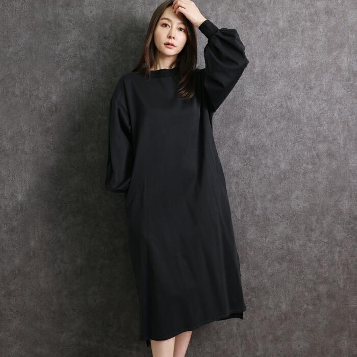 送料無料 ワンピース Tシャツ MARTHA マーサ Tワンピ スウェット ロングワンピ コットン 綿100% 日本製 おうち着 長袖 ロング丈 ブラック グレー ss 26382 |  | 02
