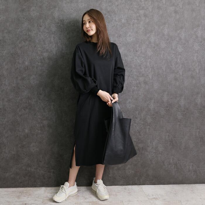 送料無料 ワンピース Tシャツ MARTHA マーサ Tワンピ スウェット ロングワンピ コットン 綿100% 日本製 おうち着 長袖 ロング丈 ブラック グレー ss 26382 |  | 03