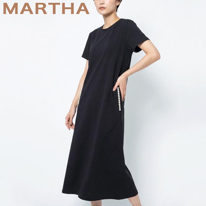 送料無料 ワンピース ロング MARTHA マーサ マキシ コットン 綿 パールボタン Tワンピ Tシャツ フレアー ホームウェア L ブラック 26401 | 