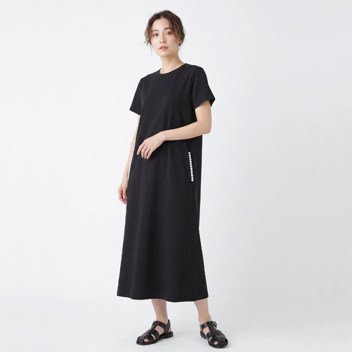 送料無料 ワンピース ロング MARTHA マーサ マキシ コットン 綿 パールボタン Tワンピ Tシャツ フレアー ホームウェア L ブラック 26401 |  | 03