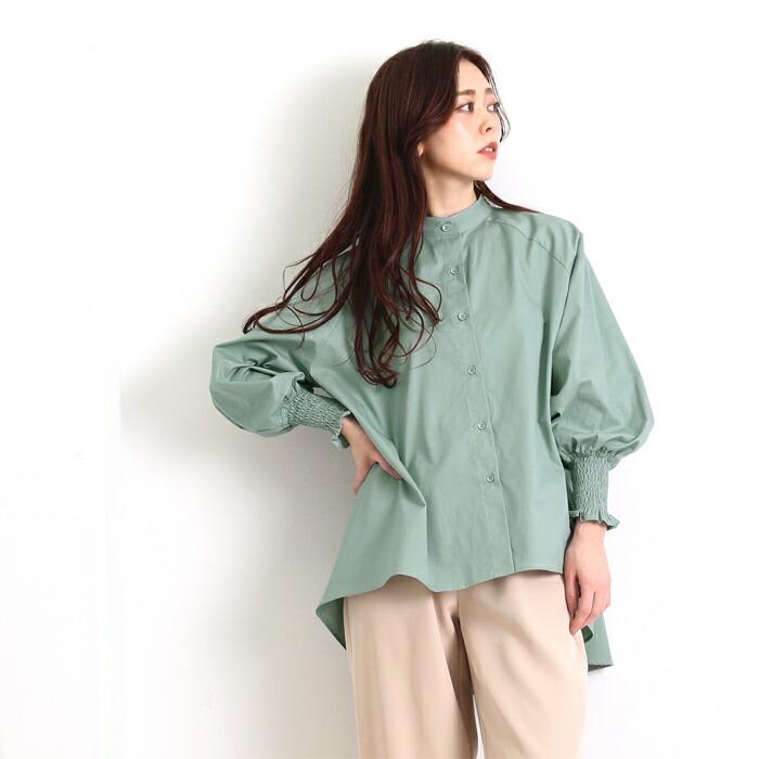 白シャツ レディース ロングシャツ 長袖 ノーカラー シャツ パフスリーブ パフスリ ブラウス チュニックシャツ ホワイト ヘム 緑 ss メール便可 5596 |  | 14