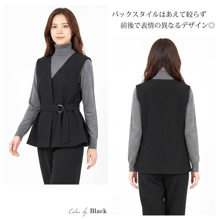 ジレ ベスト ロングジレ 洗える レディース トップス 羽織り Vネック ベルト付き フレア きれいめ 通勤 オフィス ブラック ベージュ S M[62267] |  | 02