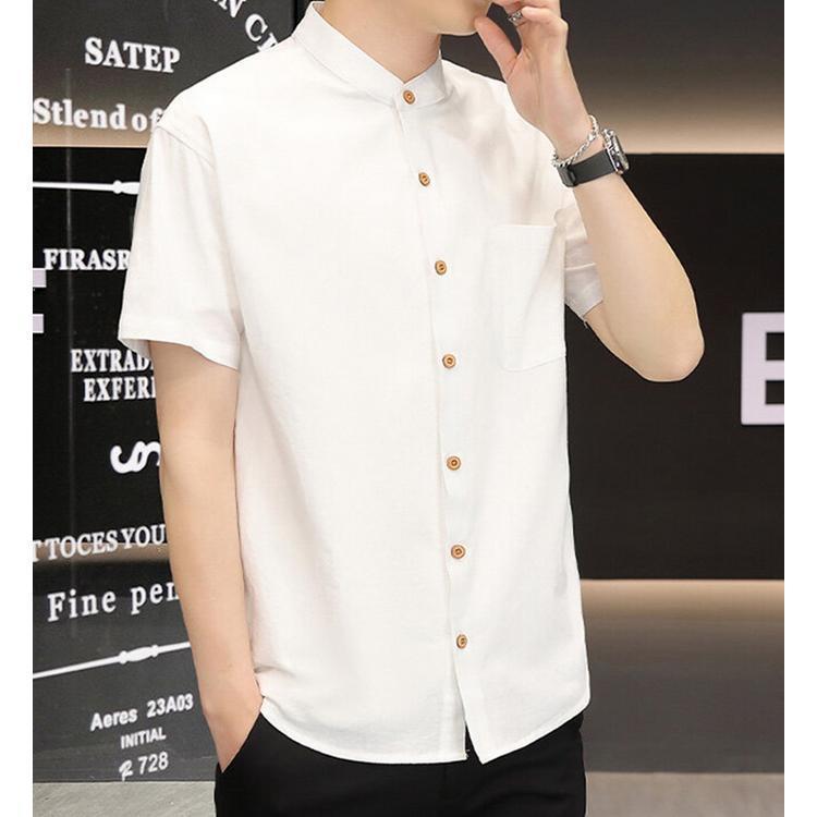メンズ 半袖シャツ バンドカラーシャツ スタンドカラー 無地