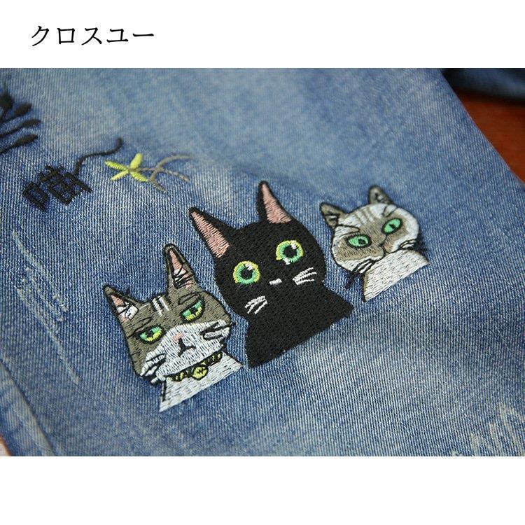 デニムパンツ レディース 大きいサイズ 猫柄 森ガール ダメージデニム