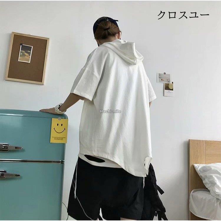 パーカー メンズ 半袖 ジップアップ ポケット ゆったり 無地 夏