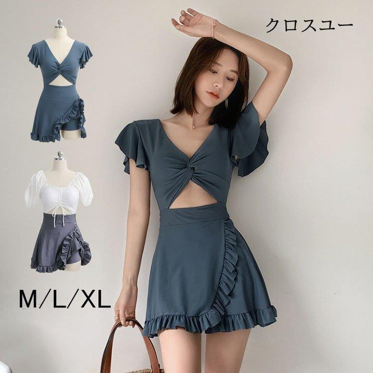 2021新作モデル 水着 ワンピース 体型カバー レディース フリル 黒 L