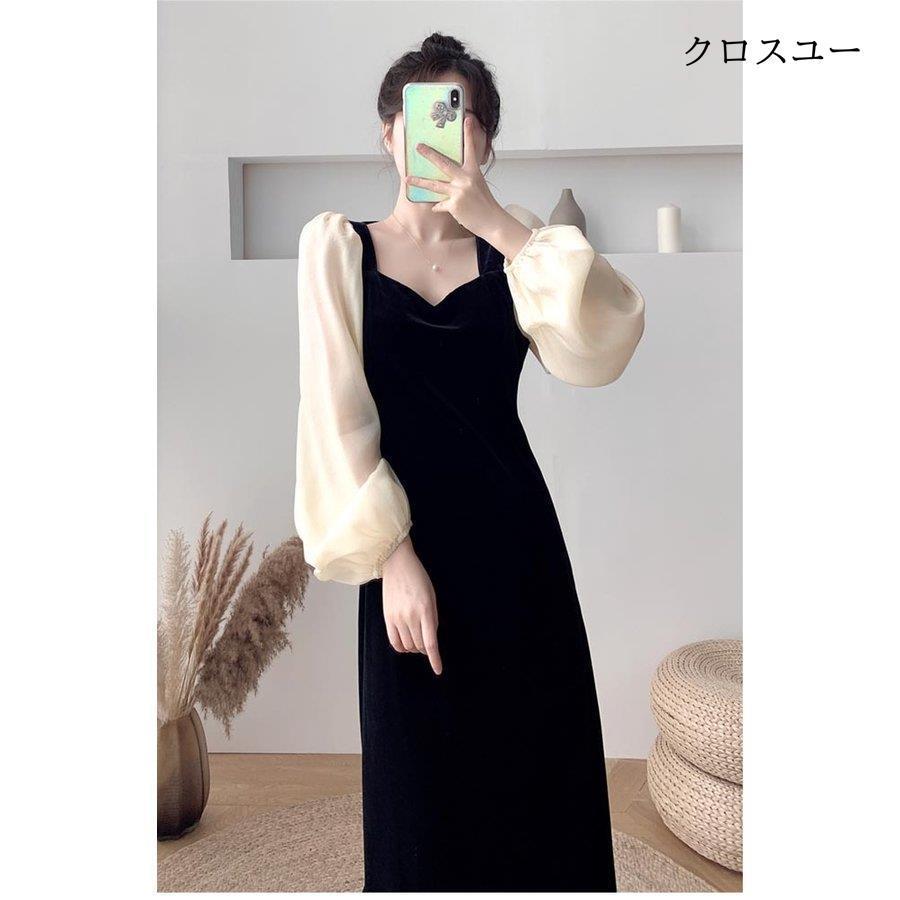 ベロアワンピース レディース ロングワンピ 長袖 春 ワンピース