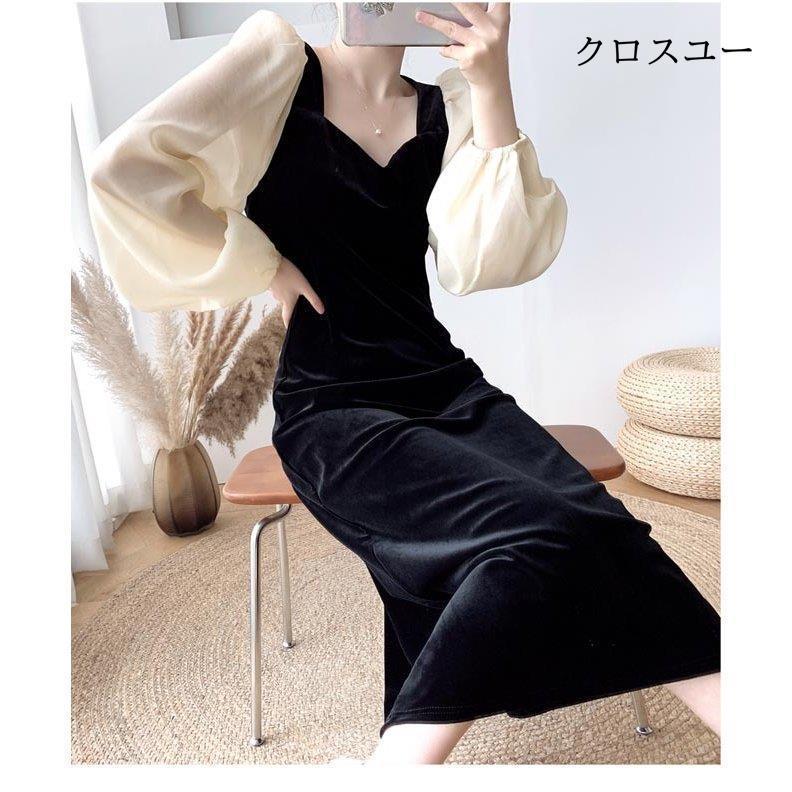 ベロアワンピース レディース ロングワンピ 長袖 春 ワンピース レトロ バルーンスリーブ ドレス マキシ丈ワンピース バーティー 結婚式 宴会 ベロアワンピース レディース ロングワンピ 長袖 春 ワンピース レトロ