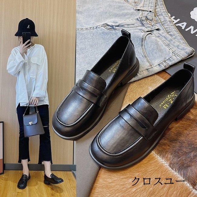 ローファー レディース 本革 フラットシューズ 高級感 革靴 世界的に有名な レトロ チャンキーヒール オフィス レザーシューズ ローヒール 楽チン 皮 靴