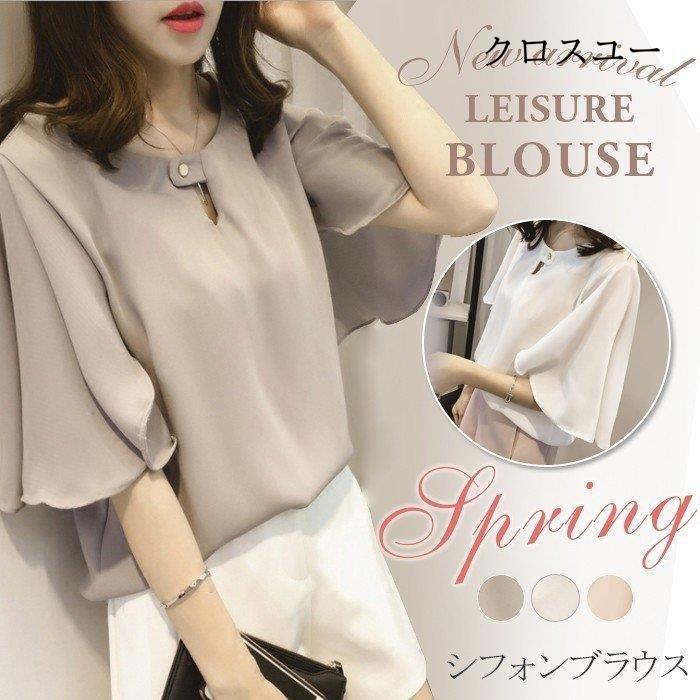 シフォンブラウス ブラウス 半袖 五分袖 5分袖 フレアスリーブ