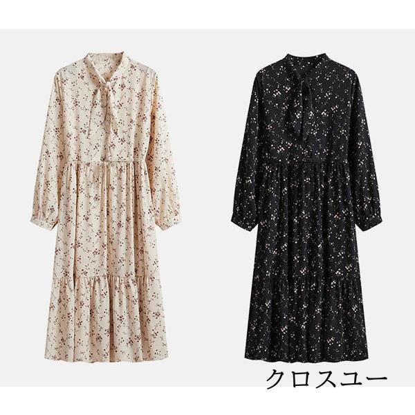 ワンピース 花柄ワンピース シフォンワンピース ひざ丈ワンピース Aラインワンピース 長袖 リボン｜liangfu-105cross｜03