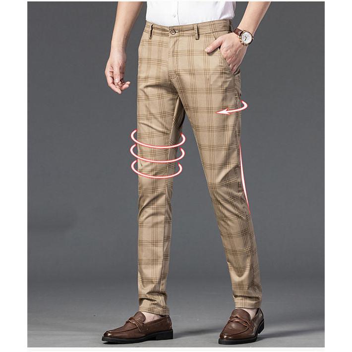 Russeluno チェック柄 スリムフィットパンツ スラックス チノパン メンズ スリムパンツ ストレッチパンツ チェック