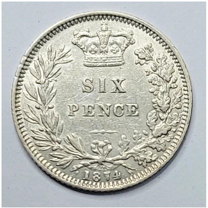 1874年 イギリス 6ペンス - ヴィクトリア女王 QV 英国銀貨 VFの画像