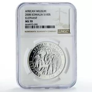 ソマリア 100 シリング アフリカ野生動物ゾウ動物相 MS70 NGC 銀貨