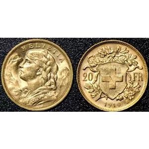 1910 B スイス ヘルベティア金貨 20 フラン DTD21 : WORLDRE SOURCE