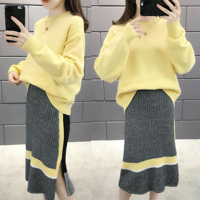 長袖　プライムニット　レザースカート　セットアップ　秋冬　セーター　新品 セットアップ レディース ニット 秋冬ュアル スカートスーツ 大きい