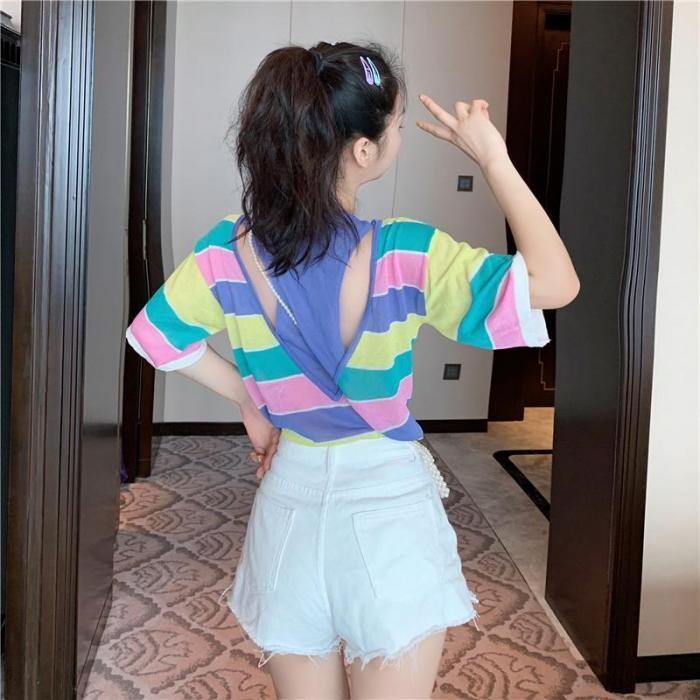 レディース春夏 レインボー 背中開き パステルカラー ボーダー Tシャツ 薄手 韓国 オルチャン セクシー 夏 おそろいコーデ 双子コーデ インスタ Retel 通販 Yahoo ショッピング