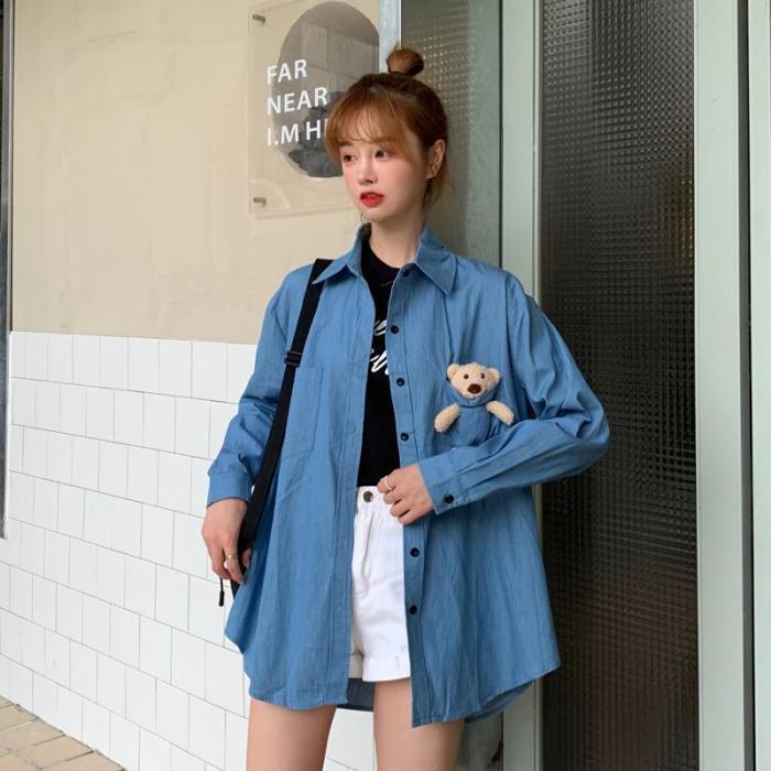 くま の ぬいぐるみ が 付いている 個性的 な ダンガリーシャツ 風 友達 との 双子コーデ に おススメ おソロ シミラールック 韓国ファッション レディース秋冬 Retel 通販 Yahoo ショッピング