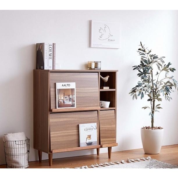 フラップ扉キャビネット 見せる収納 棚付き 北欧 リビングボード