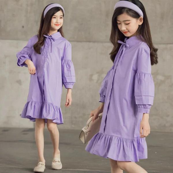 韓国子供服 ワンピース 膝丈 綿 無地 女の子 シャツワンピース 九分袖 ラペル リボン 蝶結び キッズ ガールズ ワンピ 春夏 新作 可愛い 普段着 通学 通園 旅行 正規通販