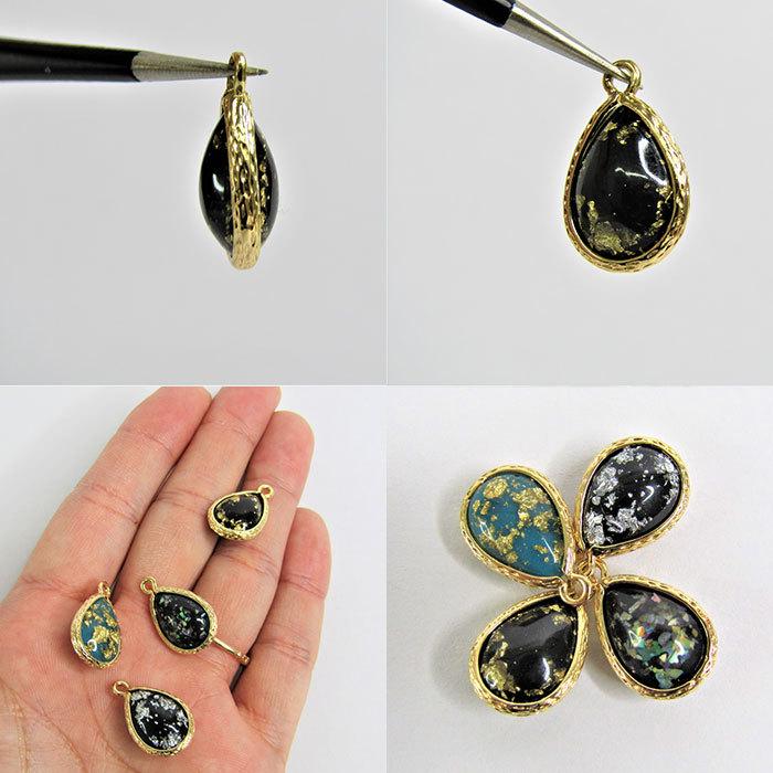 雫チャーム ダークカラー ブラック 金箔入り シェル ピアス イヤリング