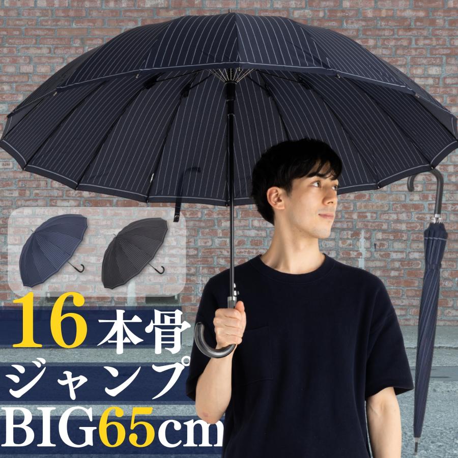 傘 メンズ 65cm 16本骨 大きいサイズ おしゃれ ストライプ 雨傘 丈夫 ネイビー ブラック リーベン 0191 | Lieben
