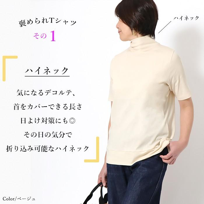 日本製 ハイネック  半袖 Ｔシャツ  コットン100％ 綿100％  レディース Aライン 体形カバー コットン トップス 接触冷感 春夏 おしゃれ  涼しい 着回し 黒 白 |  | 05