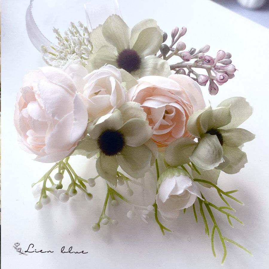 コサージュ ラナンキュラス ピンク グリーン ホワイト リボン かわいい  春 シンプル　卒業式　入学式　結婚式 |  | 01