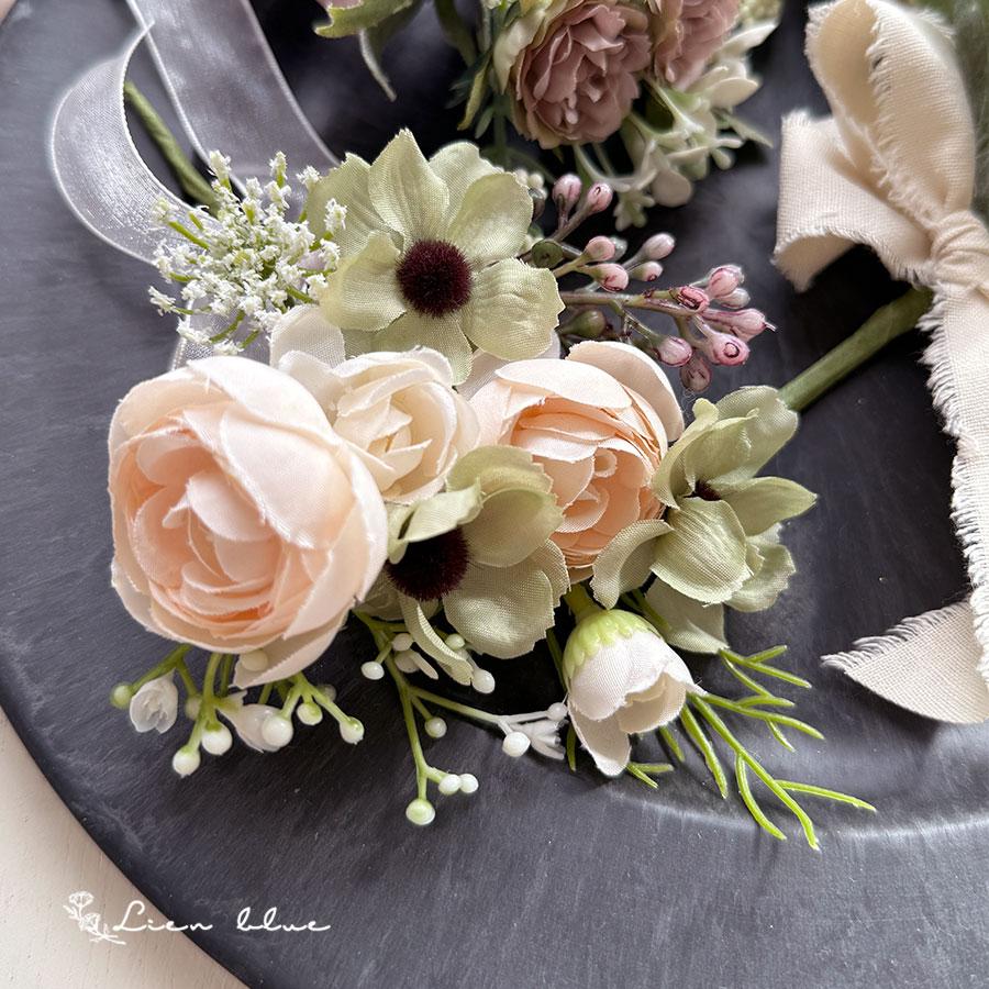 コサージュ ラナンキュラス ピンク グリーン ホワイト リボン かわいい  春 シンプル　卒業式　入学式　結婚式 |  | 02