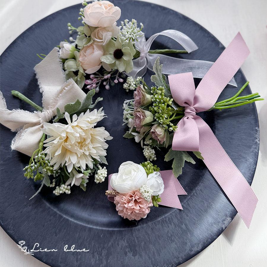 コサージュ ラナンキュラス ピンク グリーン ホワイト リボン かわいい  春 シンプル　卒業式　入学式　結婚式 |  | 03