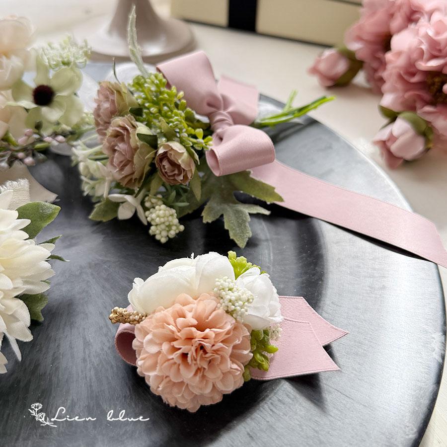 ミニコサージュ ラナンキュラス ピンク グリーン ホワイト リボン かわいい  春 シンプル　卒業式　入学式　結婚式 |  | 02