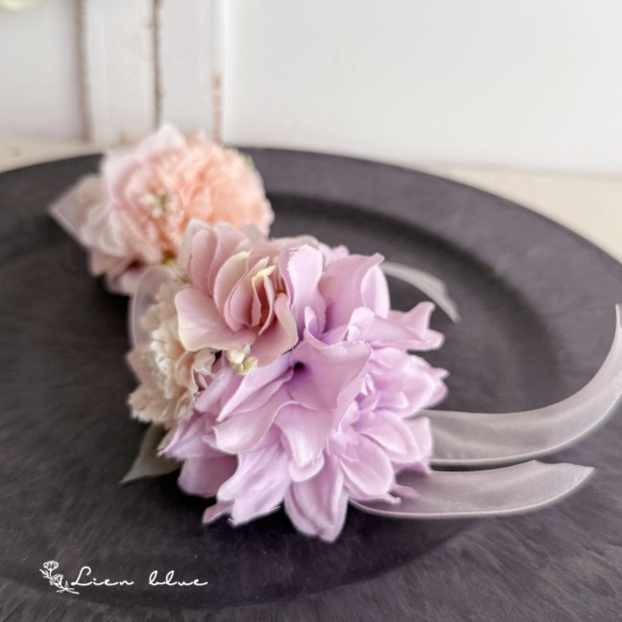 コサージュ ダリア カーネーション 紫陽花 パープル ピンク ホワイト リボン かわいい  春 シンプル　卒業式　入学式　結婚式 |  | 02