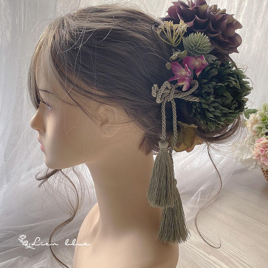 成人式 髪飾り 花 パープル ピンク グリーン 大きめ 個性的 アーティフィシャル 造花 卒業式 ウエディング 結婚 ヘッドドレス | 