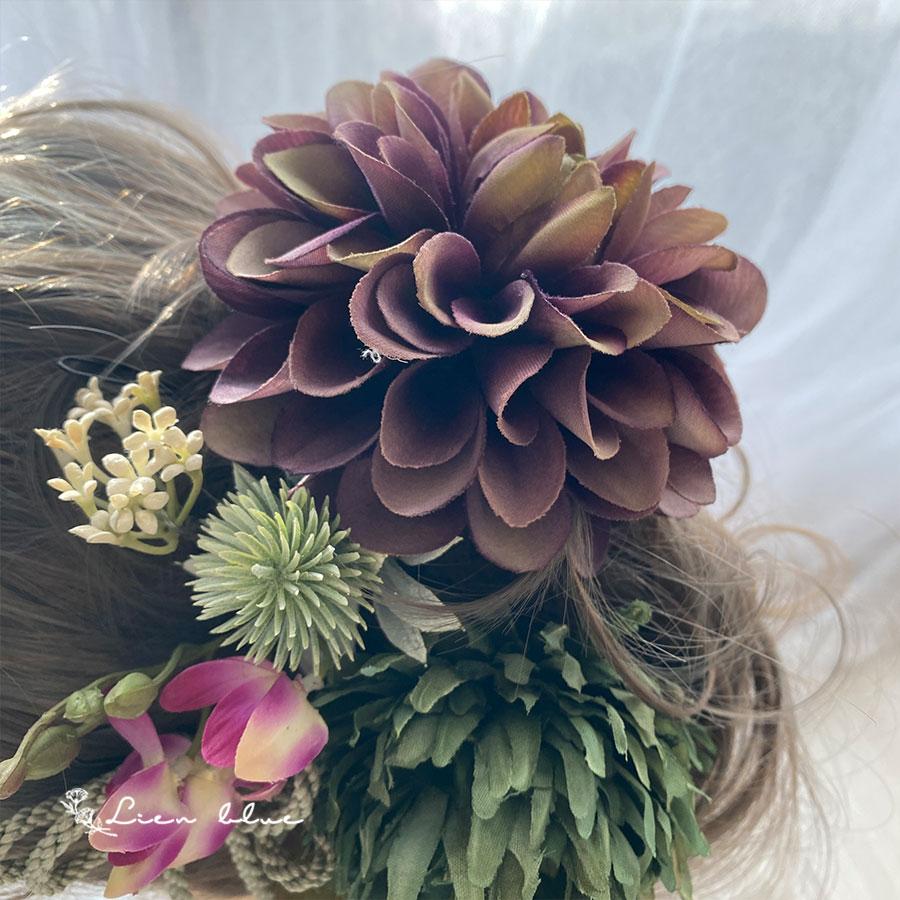 成人式 髪飾り 花 パープル ピンク グリーン 大きめ 個性的 アーティフィシャル 造花 卒業式 ウエディング 結婚 ヘッドドレス |  | 02