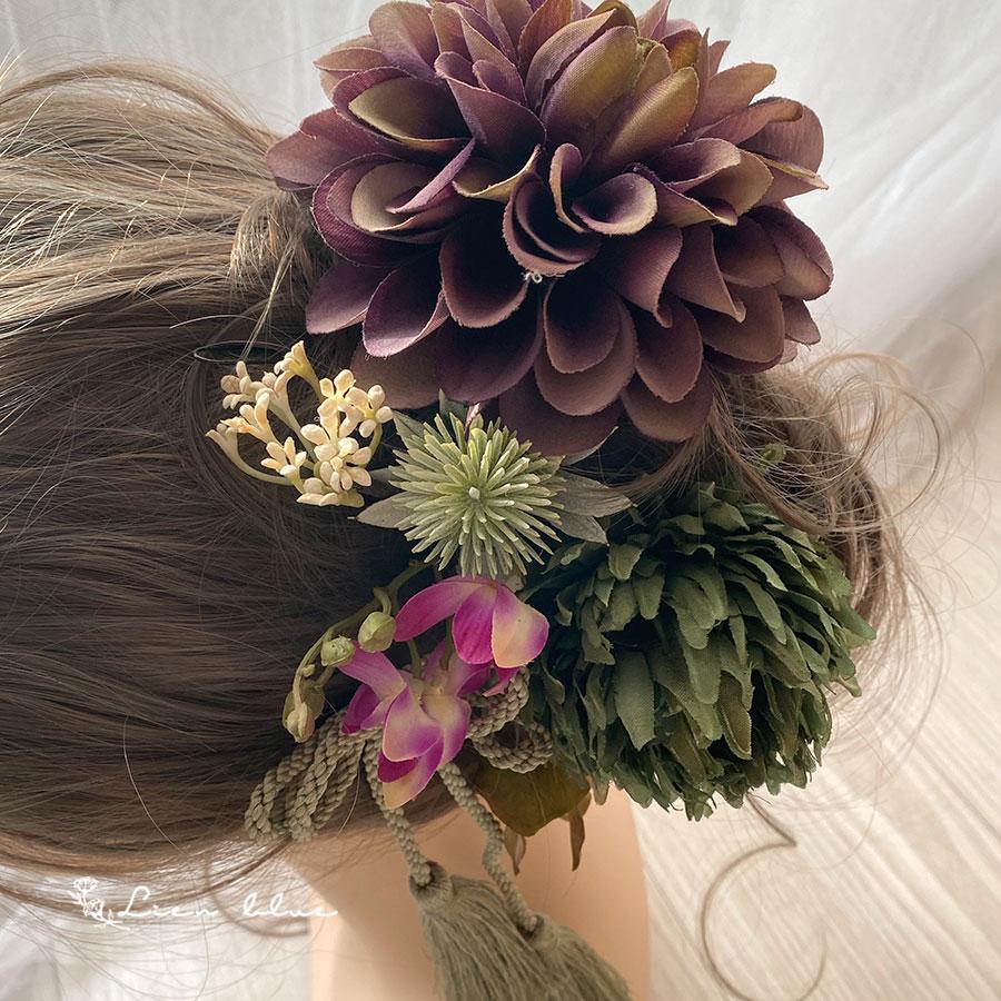 成人式 髪飾り 花 パープル ピンク グリーン 大きめ 個性的 アーティフィシャル 造花 卒業式 ウエディング 結婚 ヘッドドレス |  | 04