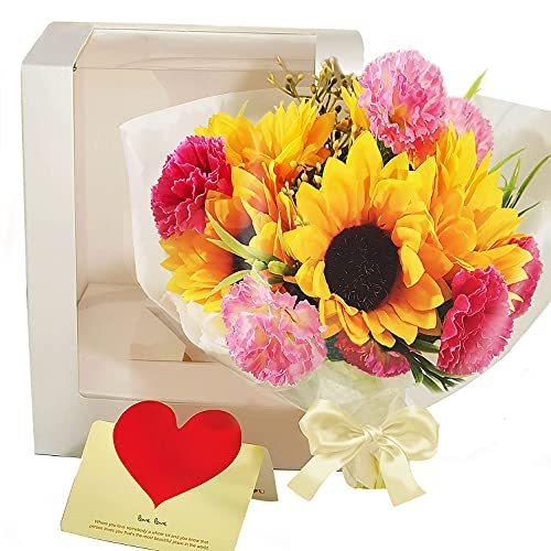 超ポイントバック祭 Zifoudou 誕生 父の日 母の日 ギフトボックスフラワー 造花 カスミソウ ひまわり 向日葵とカーネーションの花束 Zifoudou 造花 アートフラワー