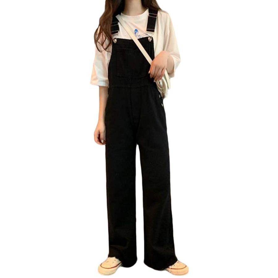 サロペット レディース ワイドパンツ オーバーオール 黒 デニム オールインワン 大きいサイズ ロングパンツ ジーンズ 通学 着痩せ ボトムス Zjw0028 The Life J K 通販 Yahoo ショッピング